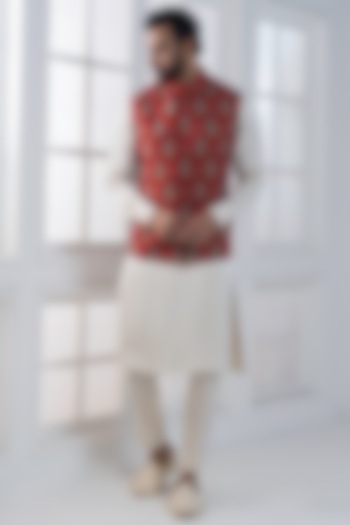 Red Viscose Digital Printed Nehru Jacket Set by AJAY KMR at Pernia's Pop Up Shop