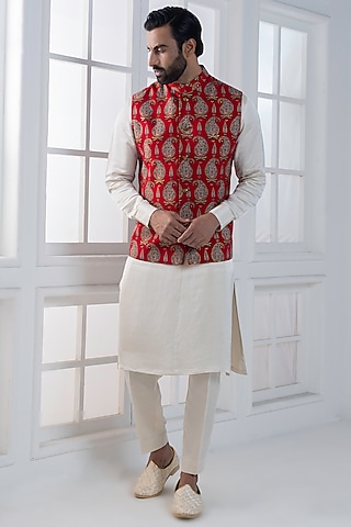 Red Viscose Digital Printed Nehru Jacket Set by AJAY KMR