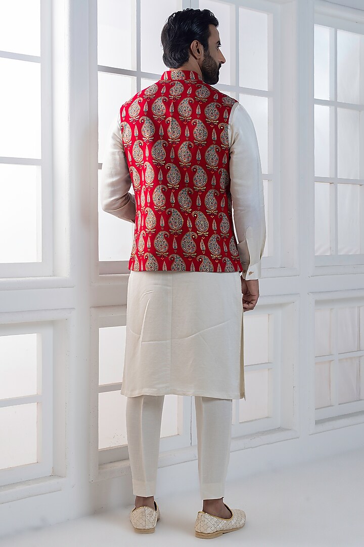 Red Viscose Digital Printed Nehru Jacket Set by AJAY KMR at Pernia's Pop Up Shop