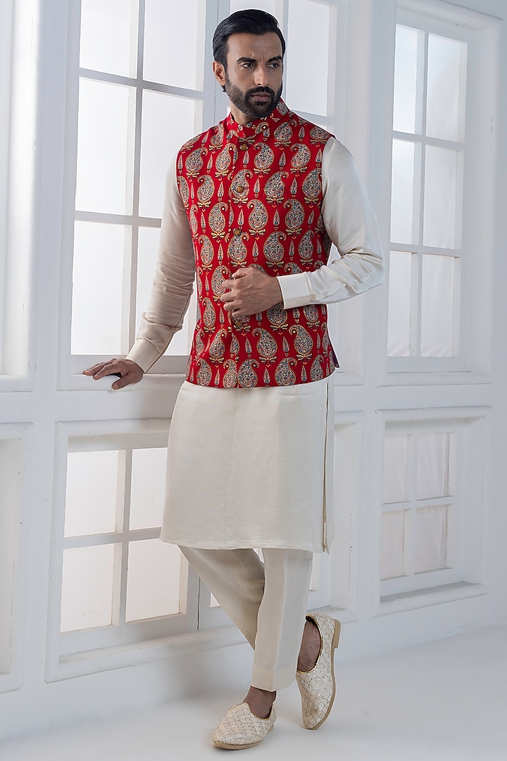 Red Viscose Digital Printed Nehru Jacket Set by AJAY KMR at Pernia's Pop Up Shop