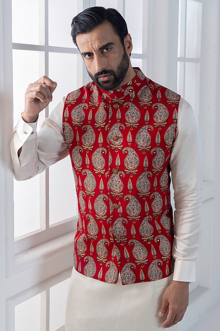 Red Viscose Digital Printed Nehru Jacket Set by AJAY KMR at Pernia's Pop Up Shop