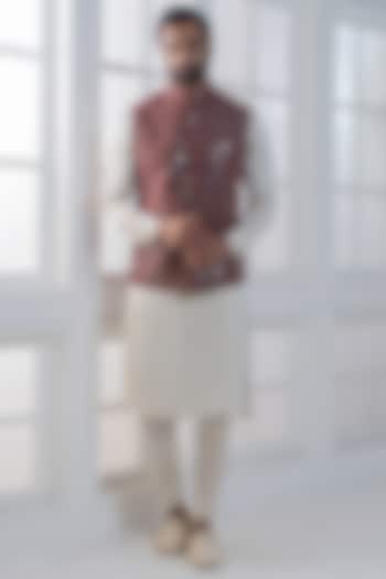 Maroon Silk Sequins Hand & Machine Embroidered Nehru Jacket Set by AJAY KMR at Pernia's Pop Up Shop