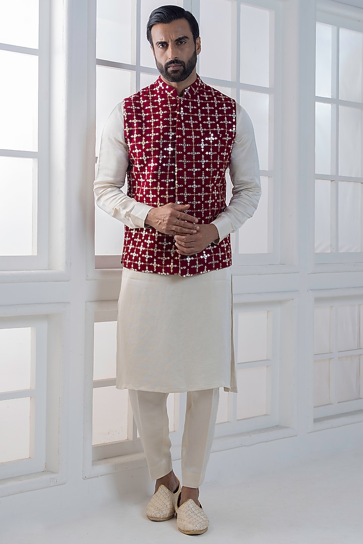 Maroon Silk Sequins Hand & Machine Embroidered Nehru Jacket Set by AJAY KMR at Pernia's Pop Up Shop