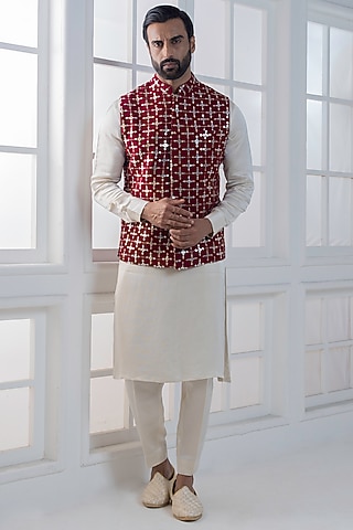 Maroon Silk Sequins Hand & Machine Embroidered Nehru Jacket Set by AJAY KMR