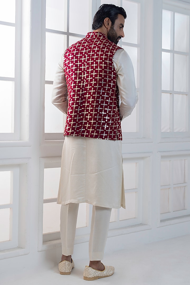Maroon Silk Sequins Hand & Machine Embroidered Nehru Jacket Set by AJAY KMR at Pernia's Pop Up Shop