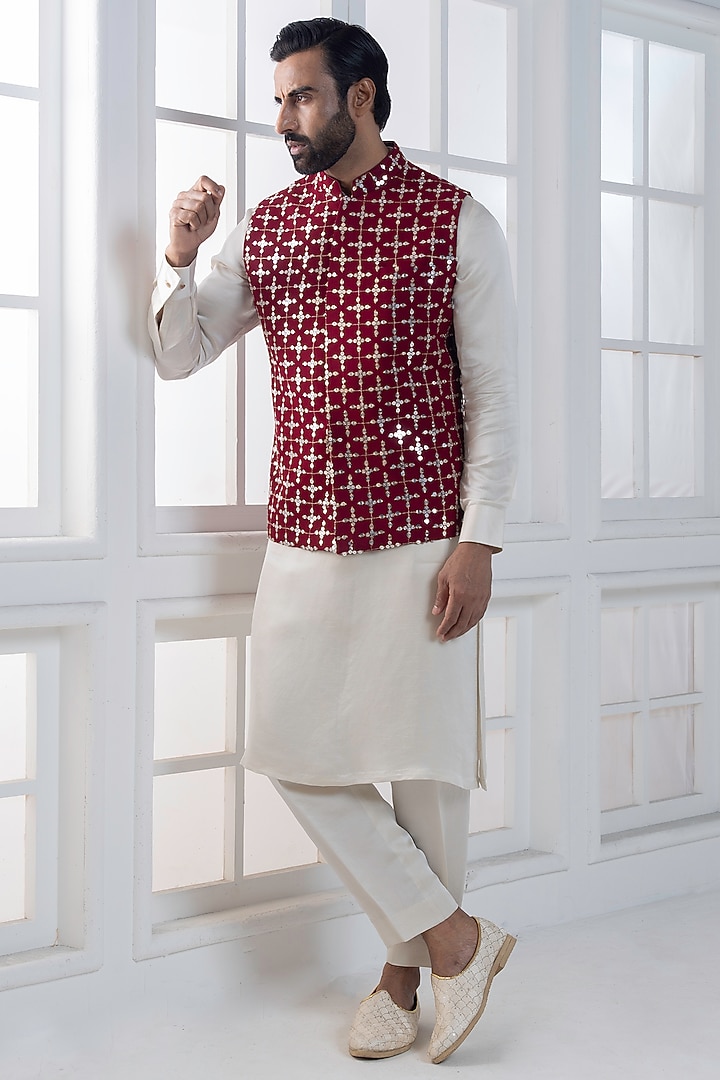 Maroon Silk Sequins Hand & Machine Embroidered Nehru Jacket Set by AJAY KMR at Pernia's Pop Up Shop