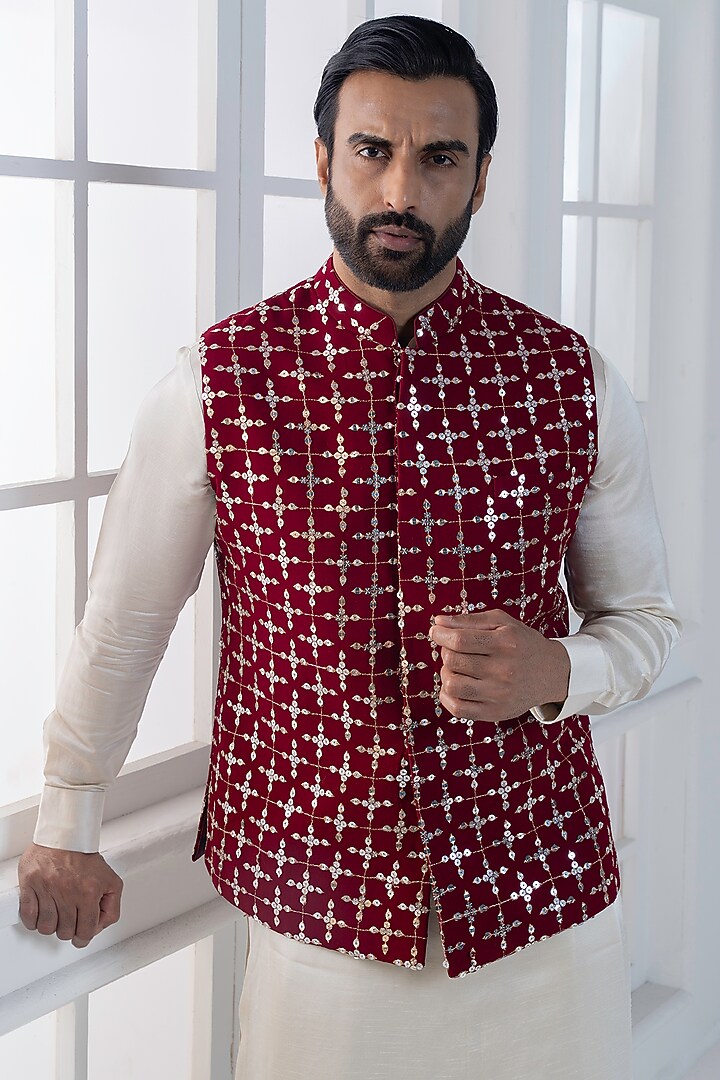 Maroon Silk Sequins Hand & Machine Embroidered Nehru Jacket Set by AJAY KMR at Pernia's Pop Up Shop
