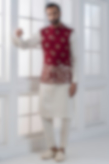 Red Silk Sequins Hand & Machine Embroidered Nehru Jacket Set by AJAY KMR at Pernia's Pop Up Shop