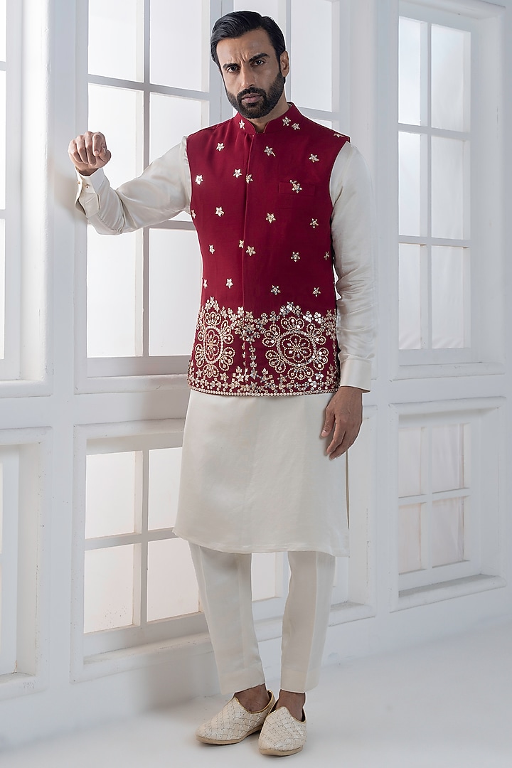 Red Silk Sequins Hand & Machine Embroidered Nehru Jacket Set by AJAY KMR at Pernia's Pop Up Shop
