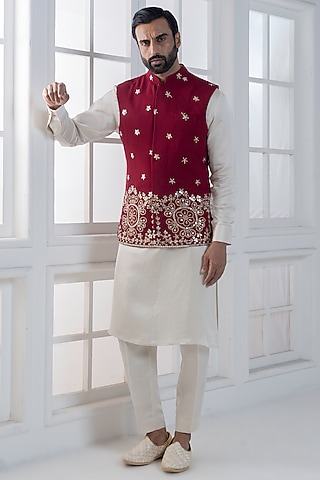 Red Silk Sequins Hand & Machine Embroidered Nehru Jacket Set by AJAY KMR