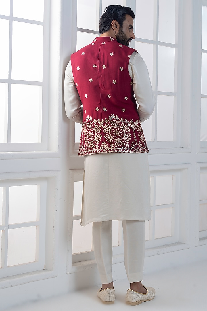 Red Silk Sequins Hand & Machine Embroidered Nehru Jacket Set by AJAY KMR at Pernia's Pop Up Shop
