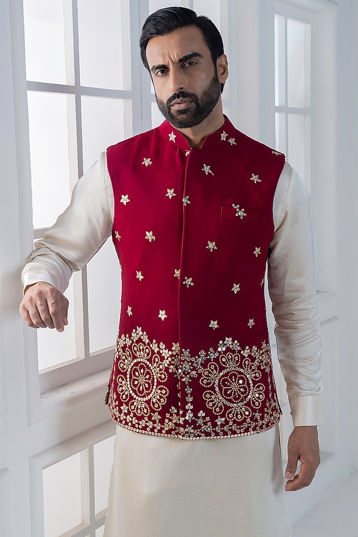 Red Silk Sequins Hand & Machine Embroidered Nehru Jacket Set by AJAY KMR at Pernia's Pop Up Shop