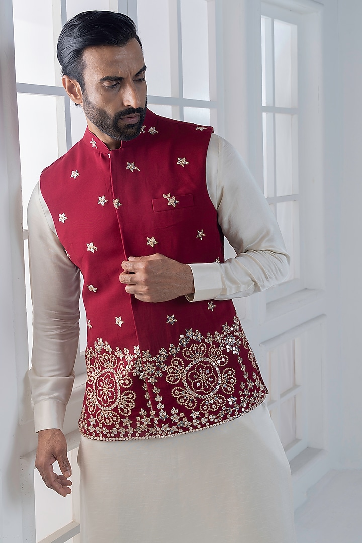 Red Silk Sequins Hand & Machine Embroidered Nehru Jacket Set by AJAY KMR at Pernia's Pop Up Shop