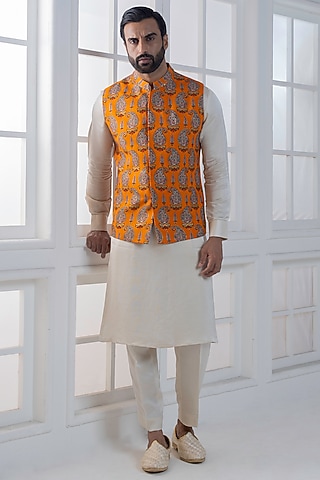 Yellow Viscose Digital Printed Nehru Jacket Set by AJAY KMR