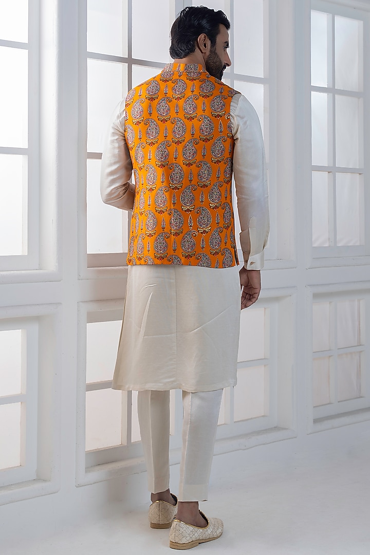 Yellow Viscose Digital Printed Nehru Jacket Set by AJAY KMR at Pernia's Pop Up Shop