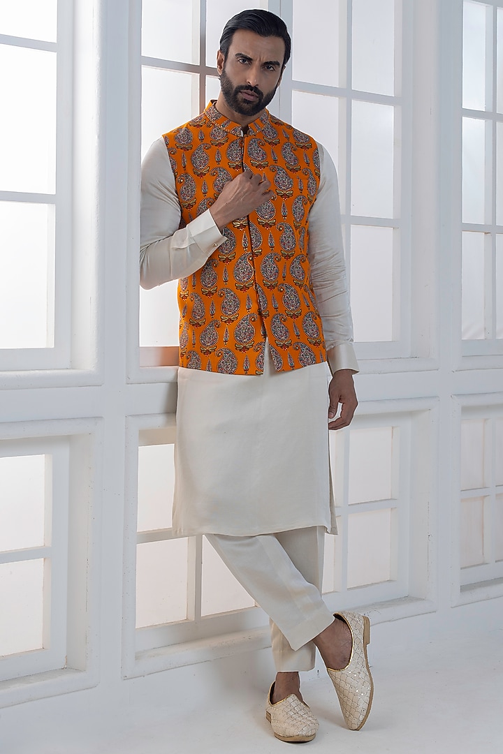 Yellow Viscose Digital Printed Nehru Jacket Set by AJAY KMR at Pernia's Pop Up Shop