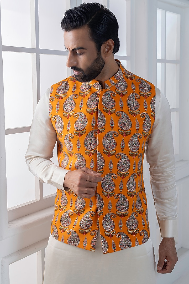 Yellow Viscose Digital Printed Nehru Jacket Set by AJAY KMR at Pernia's Pop Up Shop