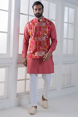 Multi-Colored Cotton Machine Embroidered Nehru Jacket Set by AJAY KMR