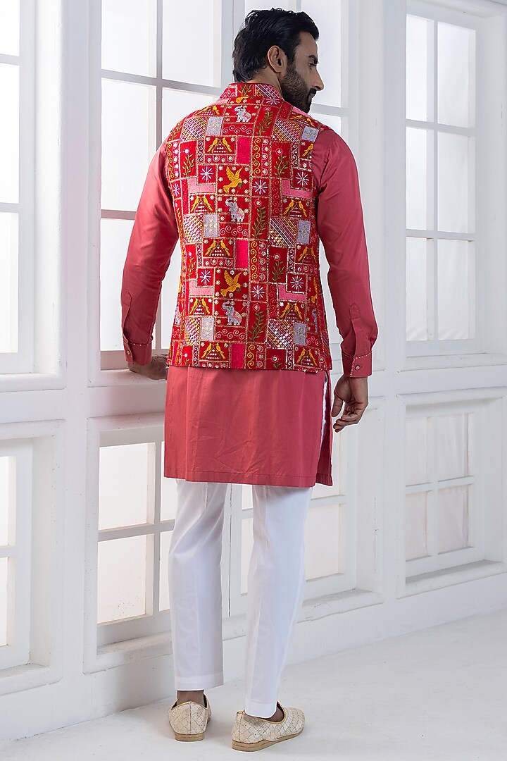 Multi-Colored Cotton Machine Embroidered Nehru Jacket Set by AJAY KMR at Pernia's Pop Up Shop