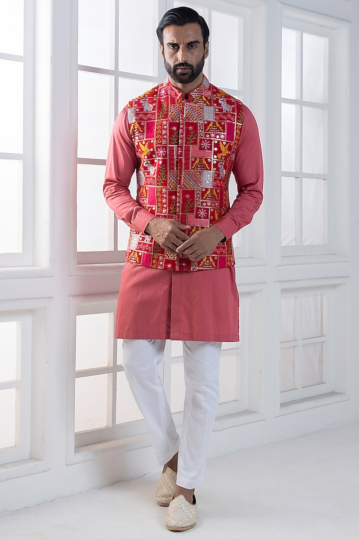 Multi-Colored Cotton Machine Embroidered Nehru Jacket Set by AJAY KMR at Pernia's Pop Up Shop