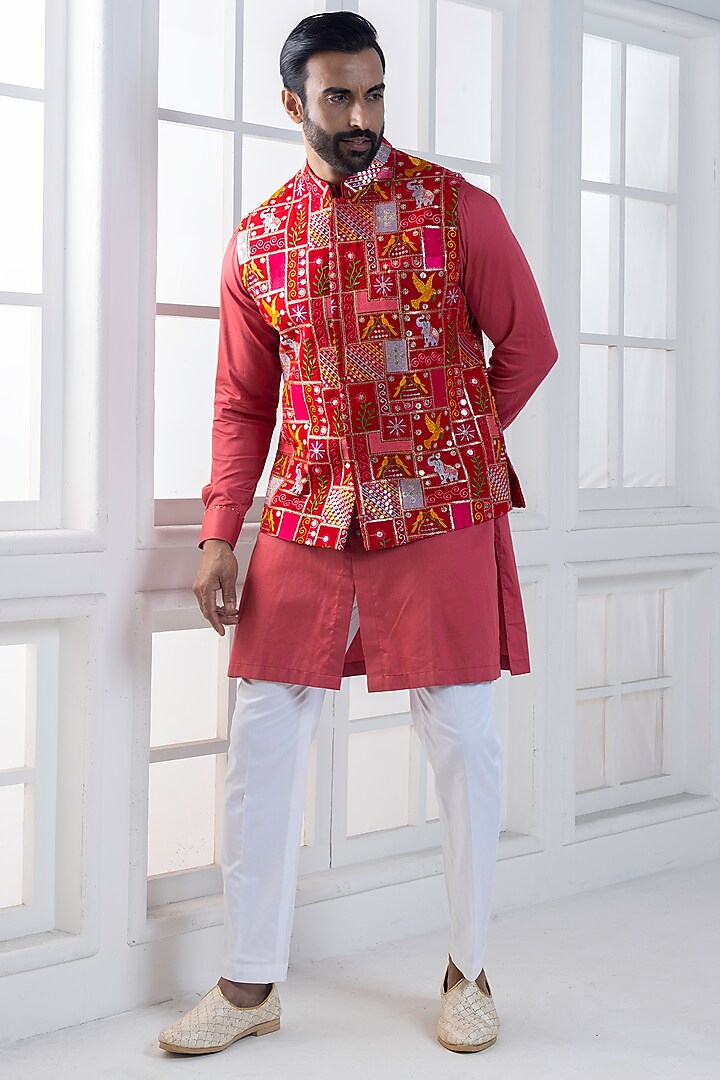Multi-Colored Cotton Machine Embroidered Nehru Jacket Set by AJAY KMR at Pernia's Pop Up Shop