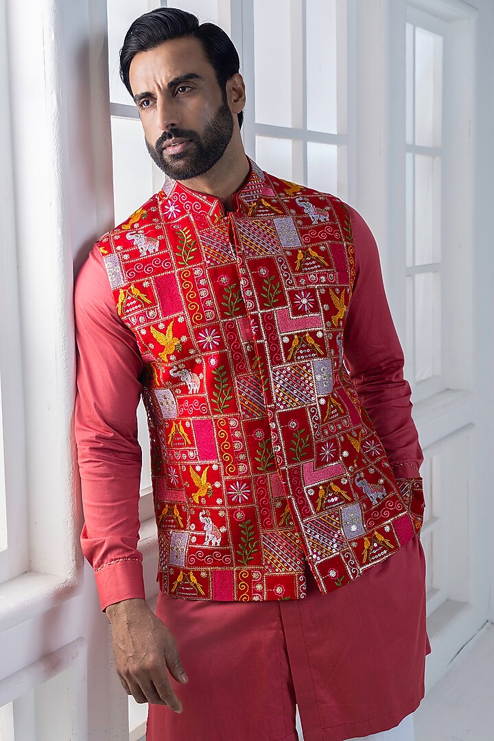 Multi-Colored Cotton Machine Embroidered Nehru Jacket Set by AJAY KMR at Pernia's Pop Up Shop