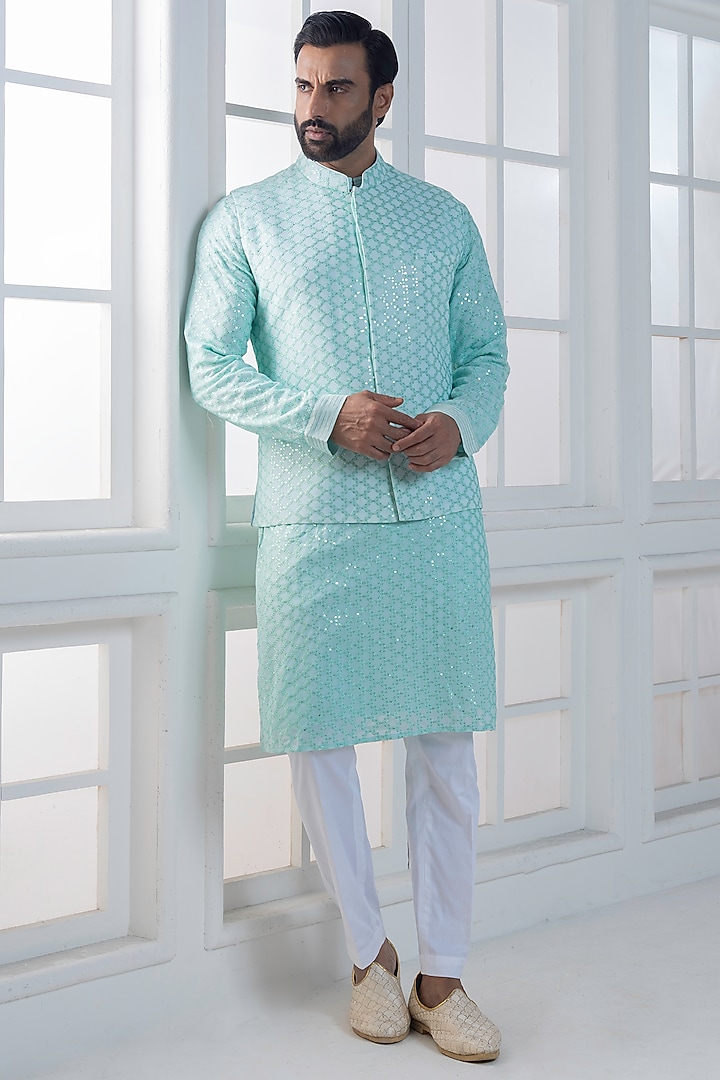 Blue Cotton Satin Hand & Machine Embroidered Nehru Jacket Set by AJAY KMR at Pernia's Pop Up Shop