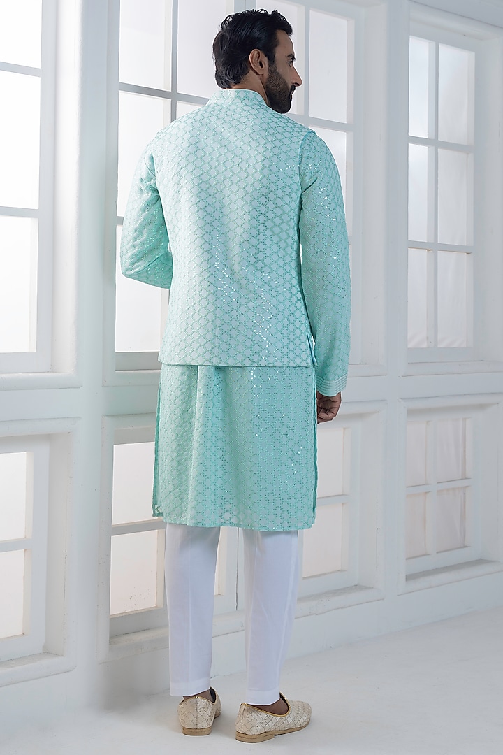 Blue Cotton Satin Hand & Machine Embroidered Nehru Jacket Set by AJAY KMR at Pernia's Pop Up Shop