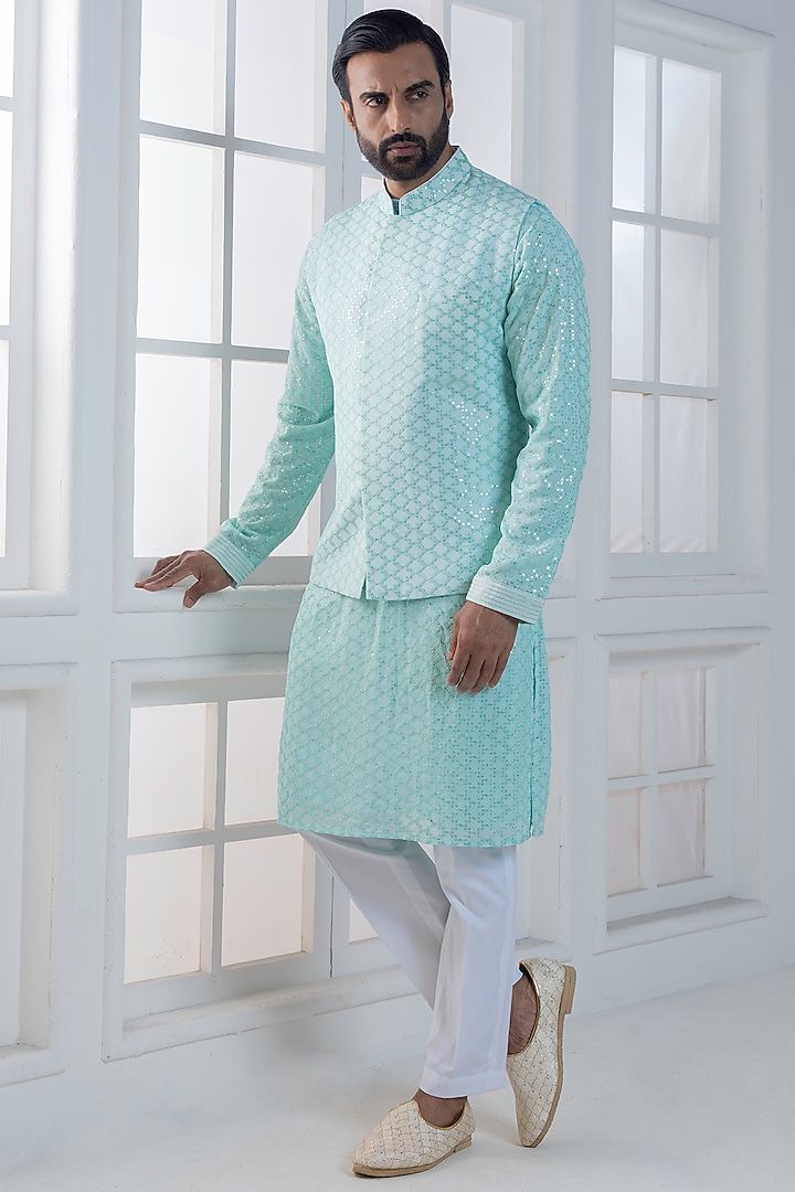 Blue Cotton Satin Hand & Machine Embroidered Nehru Jacket Set by AJAY KMR at Pernia's Pop Up Shop