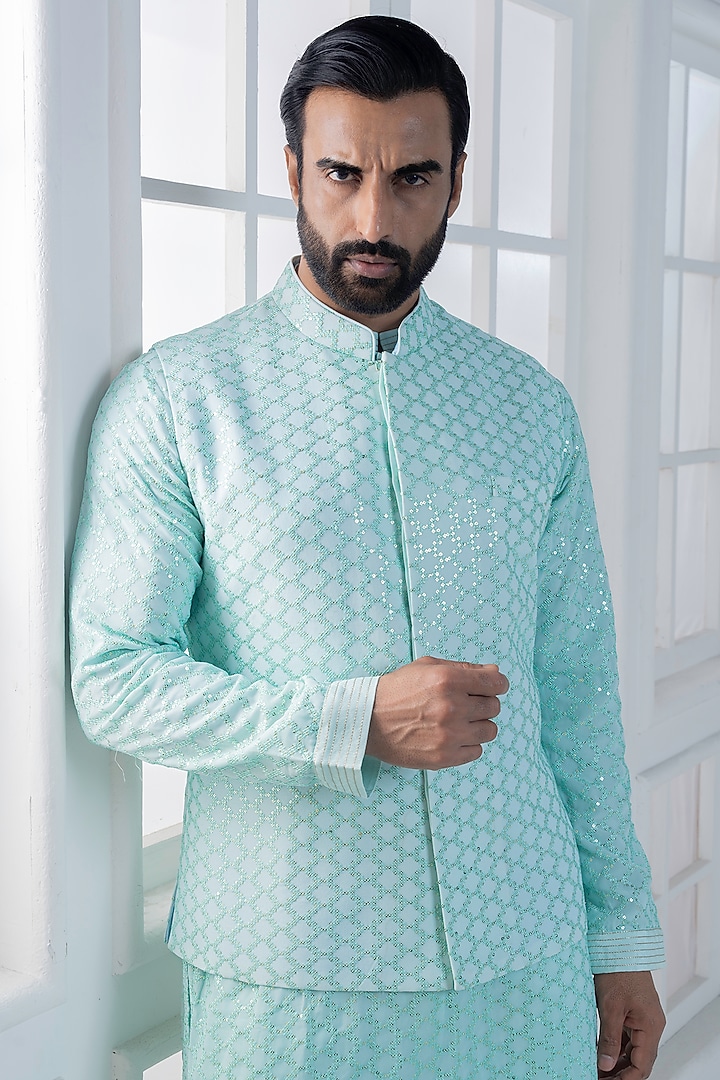 Blue Cotton Satin Hand & Machine Embroidered Nehru Jacket Set by AJAY KMR at Pernia's Pop Up Shop