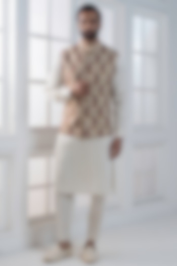 Beige Silk Digital Printed Nehru Jacket Set by AJAY KMR at Pernia's Pop Up Shop