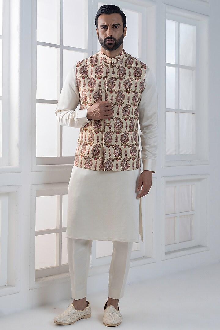 Beige Silk Digital Printed Nehru Jacket Set by AJAY KMR at Pernia's Pop Up Shop