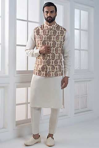 Beige Silk Digital Printed Nehru Jacket Set by AJAY KMR