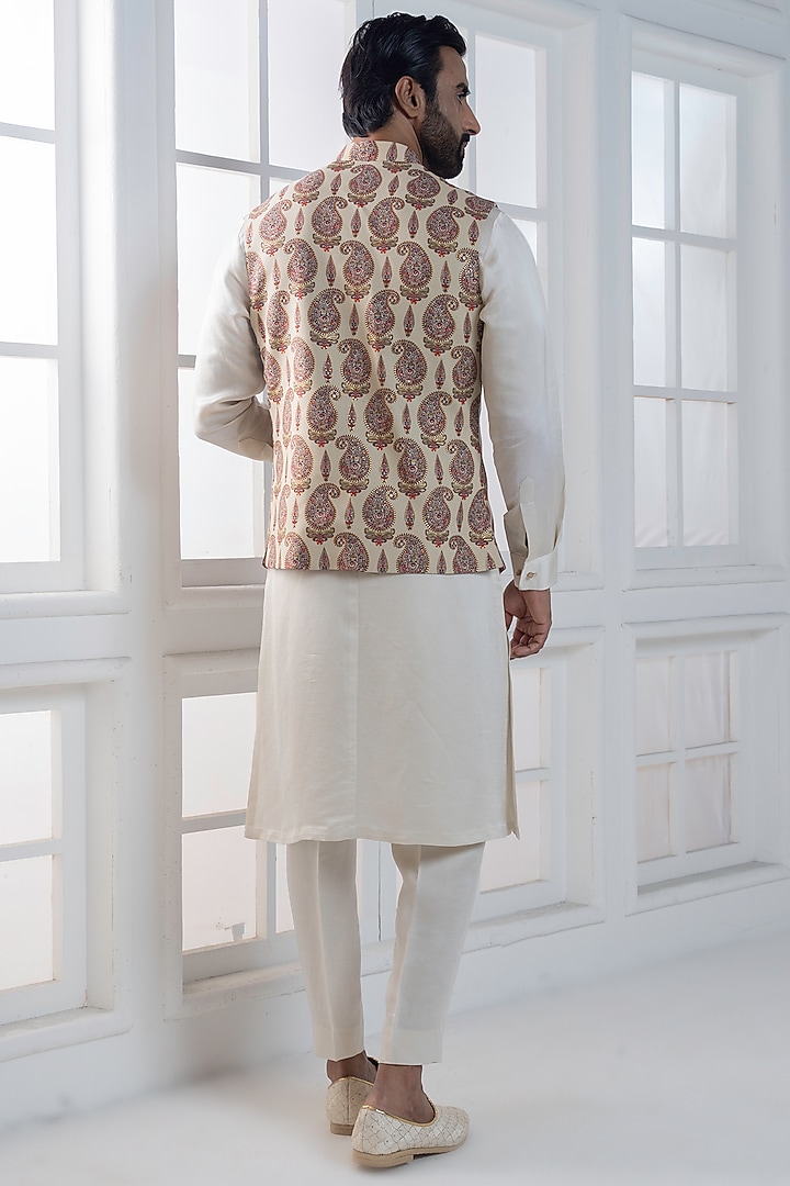Beige Silk Digital Printed Nehru Jacket Set by AJAY KMR at Pernia's Pop Up Shop