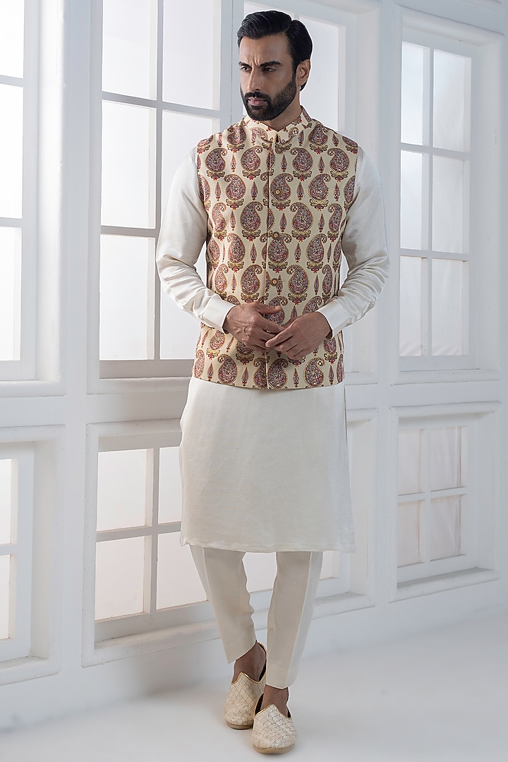 Beige Silk Digital Printed Nehru Jacket Set by AJAY KMR at Pernia's Pop Up Shop