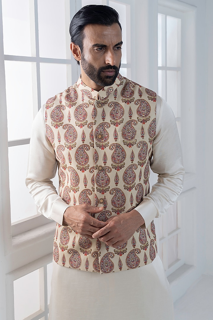 Beige Silk Digital Printed Nehru Jacket Set by AJAY KMR at Pernia's Pop Up Shop