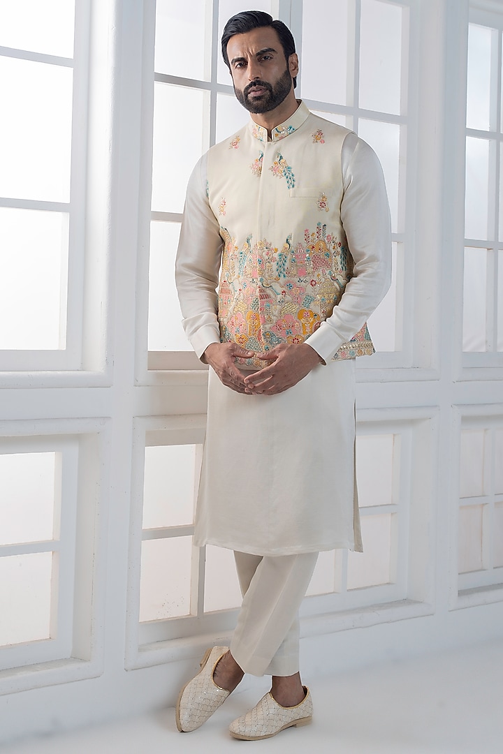 Ivory Silk Hand & Machine Embroidered Nehru Jacket Set by AJAY KMR at Pernia's Pop Up Shop