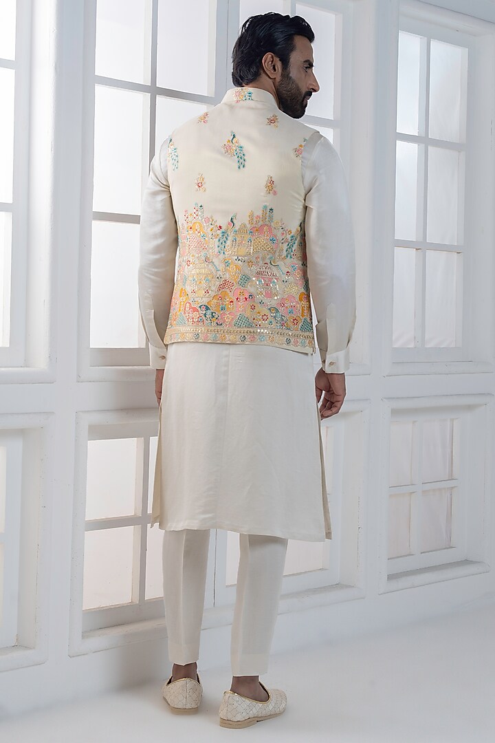 Ivory Silk Hand & Machine Embroidered Nehru Jacket Set by AJAY KMR at Pernia's Pop Up Shop