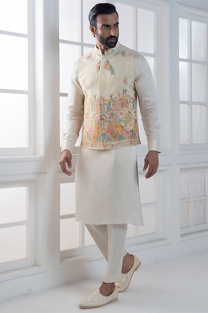 Ivory Silk Hand & Machine Embroidered Nehru Jacket Set by AJAY KMR at Pernia's Pop Up Shop