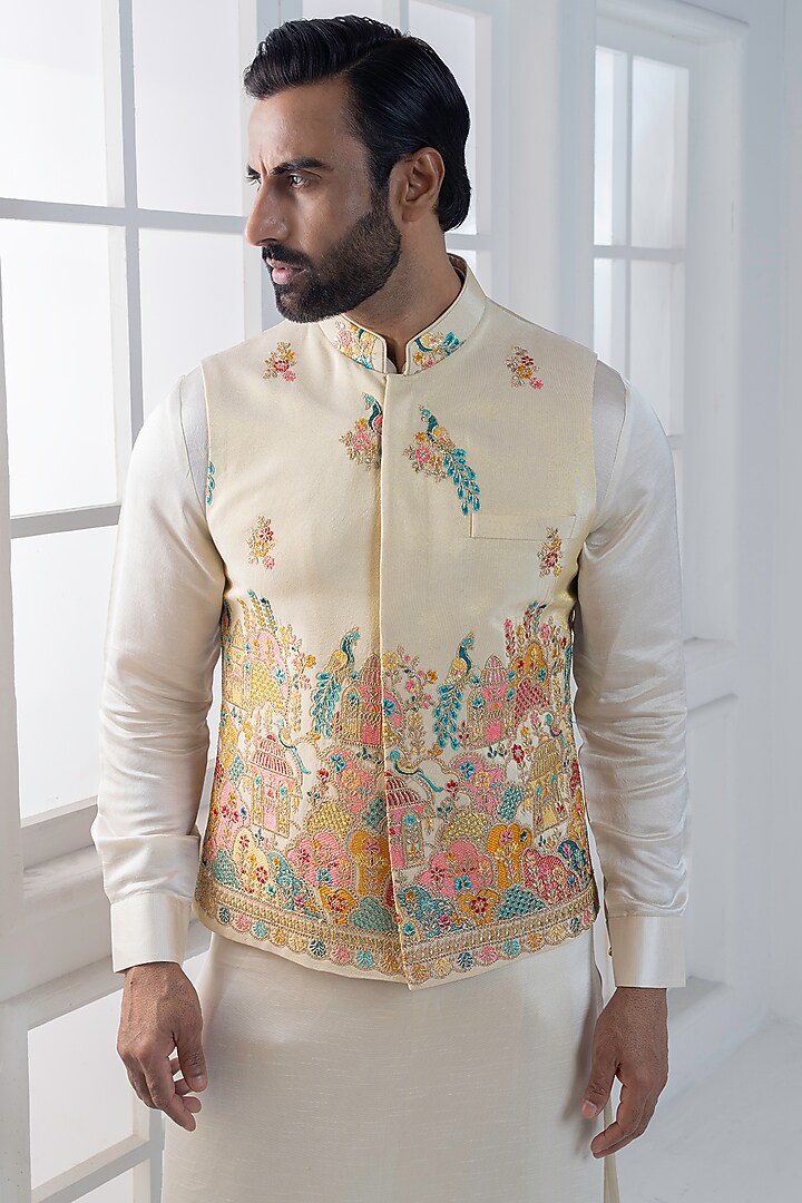 Ivory Silk Hand & Machine Embroidered Nehru Jacket Set by AJAY KMR at Pernia's Pop Up Shop