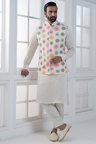 Multi-Colored Silk Hand & Machine Embroidered Nehru Jacket Set by AJAY KMR