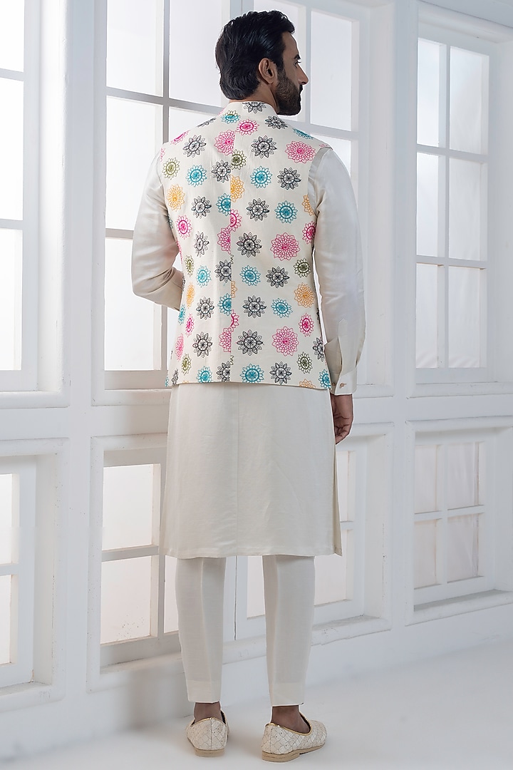 Multi-Colored Silk Hand & Machine Embroidered Nehru Jacket Set by AJAY KMR at Pernia's Pop Up Shop