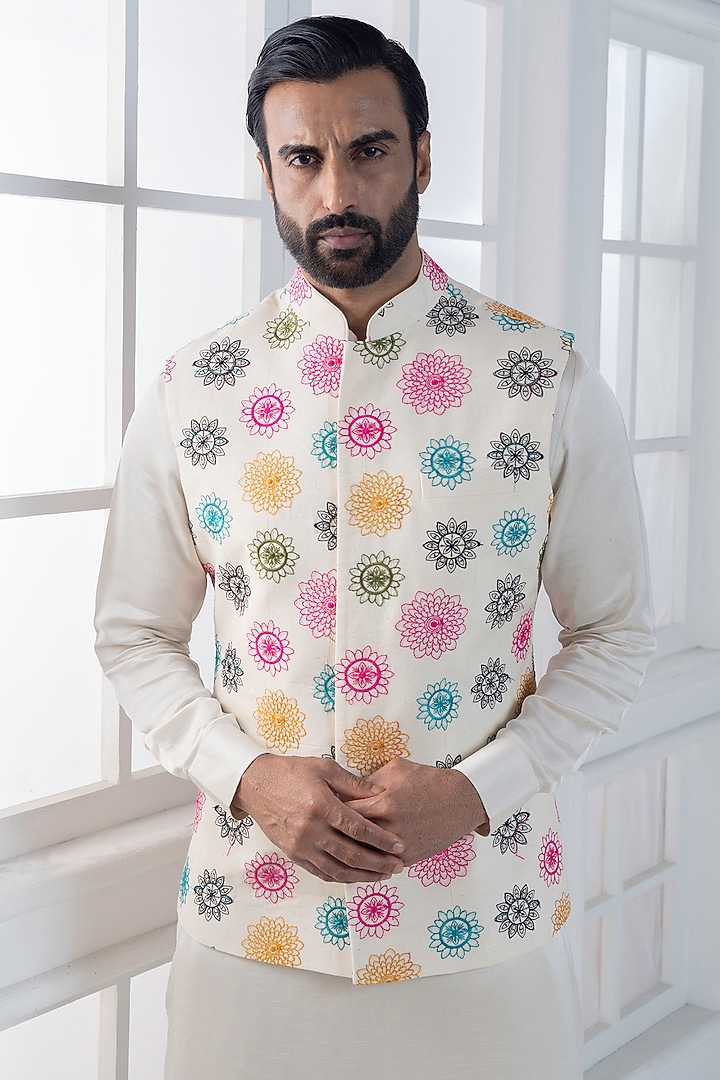 Multi-Colored Silk Hand & Machine Embroidered Nehru Jacket Set by AJAY KMR at Pernia's Pop Up Shop