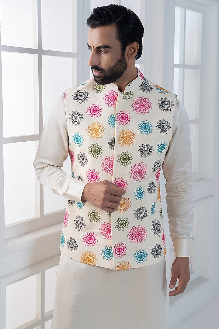 Multi-Colored Silk Hand & Machine Embroidered Nehru Jacket Set by AJAY KMR at Pernia's Pop Up Shop