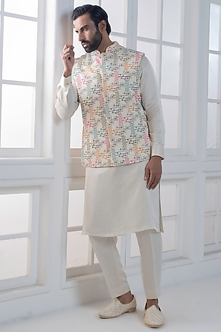 Multi-Colored Silk Hand & Machine Embroidered Nehru Jacket Set by AJAY KMR