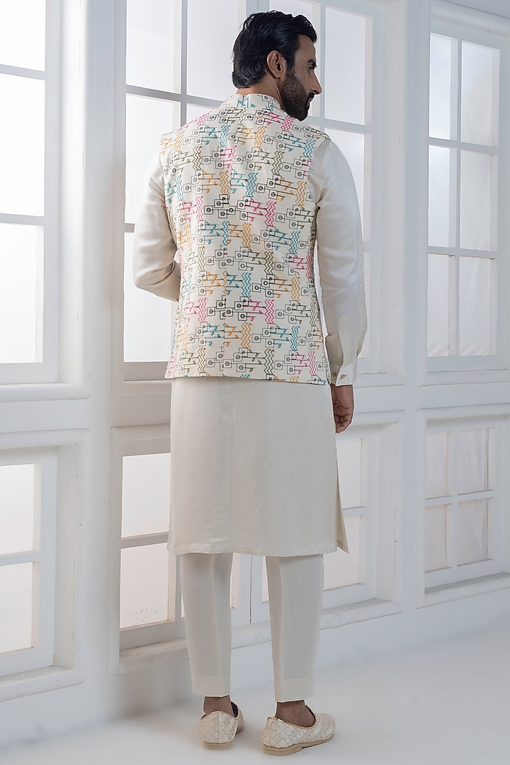 Multi-Colored Silk Hand & Machine Embroidered Nehru Jacket Set by AJAY KMR at Pernia's Pop Up Shop