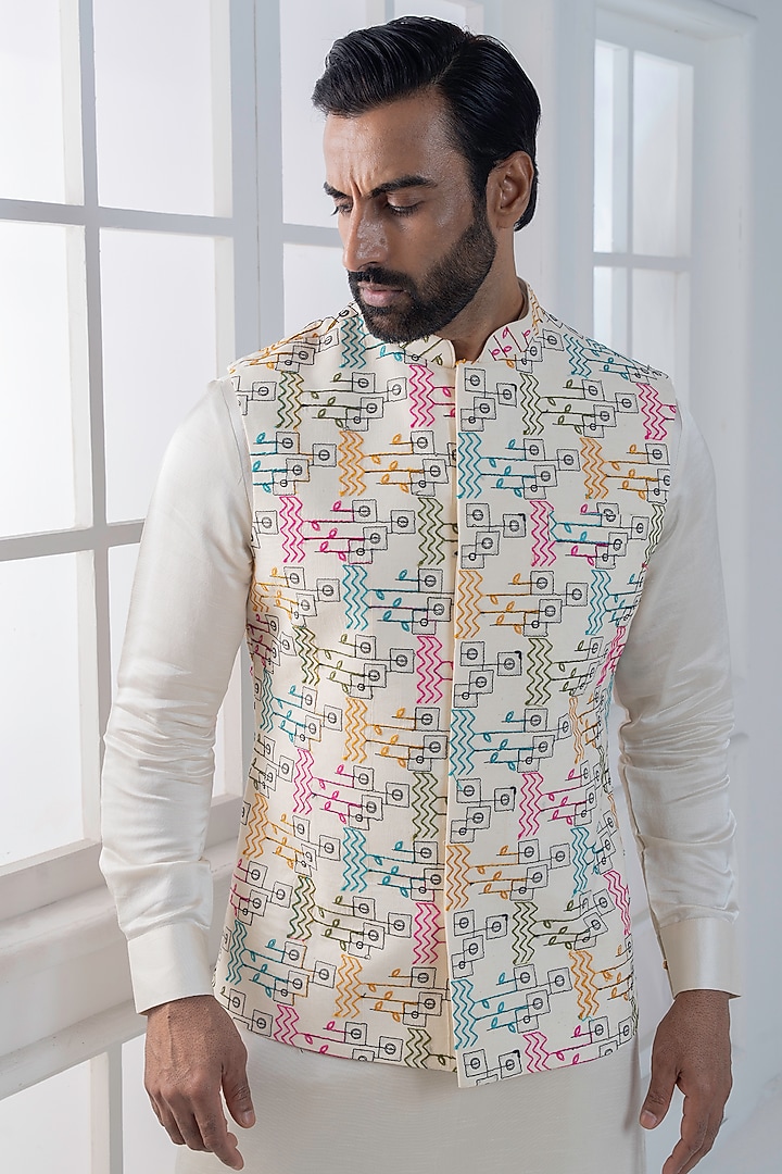 Multi-Colored Silk Hand & Machine Embroidered Nehru Jacket Set by AJAY KMR at Pernia's Pop Up Shop