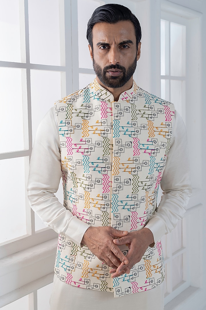 Multi-Colored Silk Hand & Machine Embroidered Nehru Jacket Set by AJAY KMR at Pernia's Pop Up Shop