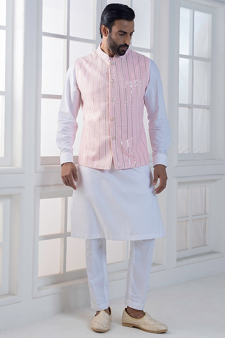 Pink Cotton Satin Hand & Machine Embroidered Nehru Jacket Set by AJAY KMR at Pernia's Pop Up Shop