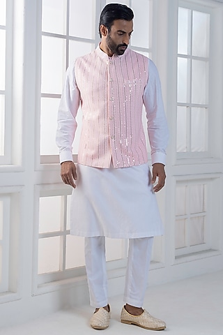 Pink Cotton Satin Hand & Machine Embroidered Nehru Jacket Set by AJAY KMR